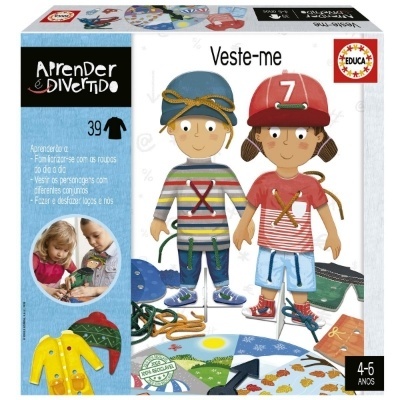 Embalagem de jogo educativo 'Veste-me' da Educa para crianças com bonecos e roupas coloridas