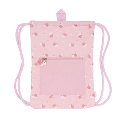 Mochila saco rosa com padrão floral e bolso frontal