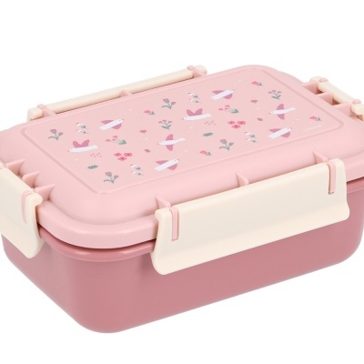 Marmita de plástico rosa com tampa decorada com flores e pássaros e fechos bege