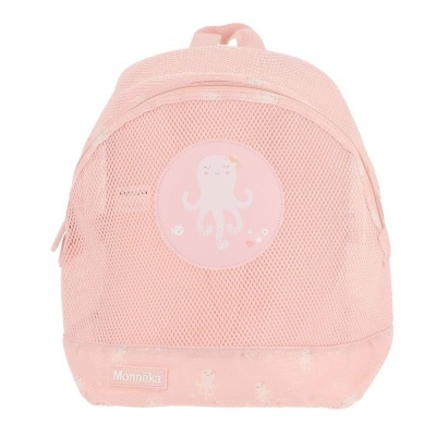 Mochila cor-de-rosa claro com padrão de estrelas e polvo branco circular na frente