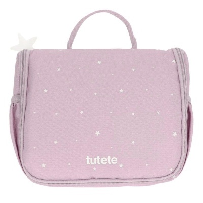 Bolsa para bebé rosa com estrelas brancas e o texto 'tutete'