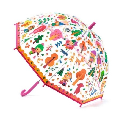 Guarda-chuva infantil colorido com estampas de personagens e natureza