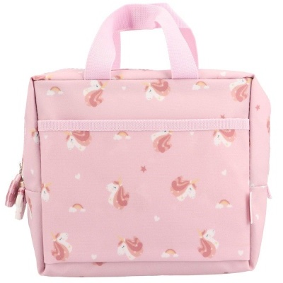 Bolsa quadrada cor-de-rosa com padrão de unicórnios e alça de mão