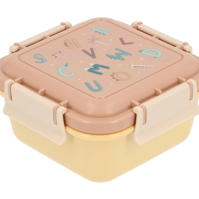 Recipiente alimentar quadrado com tampa decorada e fechos castanhos claros