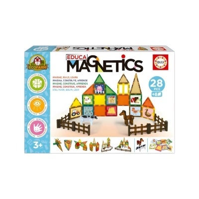 Jogo Educa Magnetics com 28 peças magnéticas coloridas para construir casas e animais