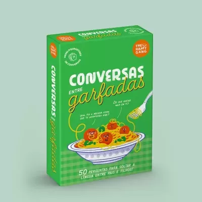 Caixa de jogo Conversas entre garfadas com ilustração de esparguete e almôndegas, fundo verde.