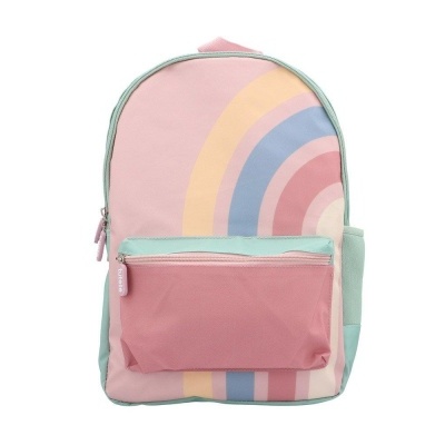 Mochila rosa com padrão de arco-íris e bolso frontal