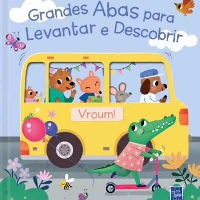 Livro infantil com autocarro amarelo e animais cartoon com texto Grandes Abas para Levantar e Descobrir.