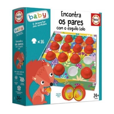 Jogo de memória infantil com peças vermelhas em forma de cogumelo e embalagem colorida com desenho de esquilo