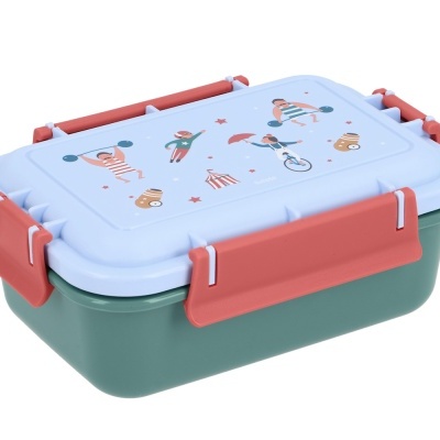 Pote retangular de plástico com tampa azul clara e fechos vermelhos
