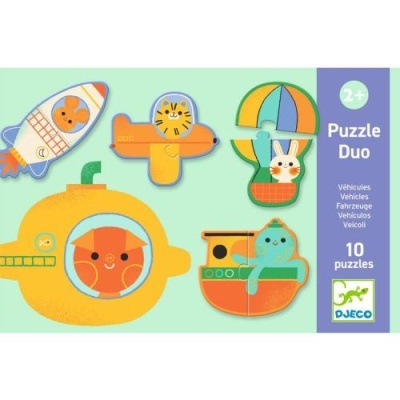 Puzzle duo DJECO com animais em veículos coloridos para crianças 2+.
