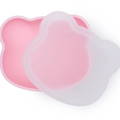 Prato infantil rosa em forma de cabeça de urso com tampa translúcida