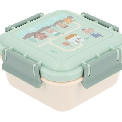 Marmita quadrada verde clara e bege com ilustração e fechos