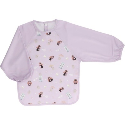 Babete de manga comprida lilás com padrão de personagens e elementos gráficos