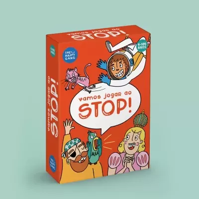 Caixa de jogo 'vamos jogar ao STOP!' com personagens animados coloridos e fundo vermelho