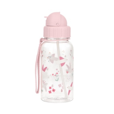 Garrafa plástica com tampa rosa e padrão de pássaros e flores