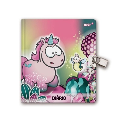 diário infantil com capa de unicórnio rosa e cadeado metálico