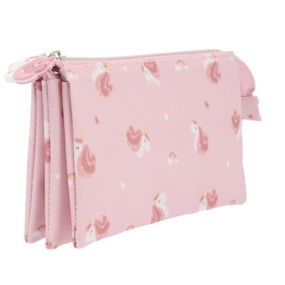 Carteira rosa com padrão de flamingos e fecho de correr