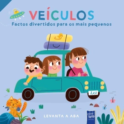 Capa de livro infantil com crianças num carro azul e gato com peixe