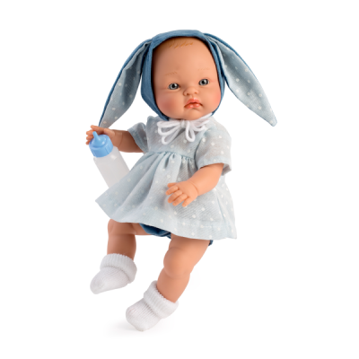 Boneca bebé com vestido azul claro com estrelas brancas e chapéu com orelhas compridas
