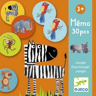 Jogo de memória infantil com peças ilustradas de animais da selva e embalagem azul e laranja.