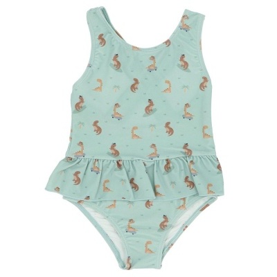 Fato de banho azul claro com padrão de cavalos-marinhos e folho