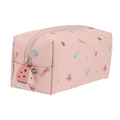 Estojo retangular cor-de-rosa com padrão de insectos e fecho com puxador joaninha