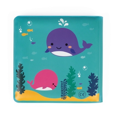 Prato quadrado infantil azul turquesa com ilustrações coloridas de baleias e peixes