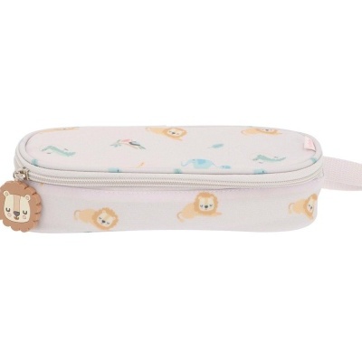 Estojo escolar branco com padrão de leões e fecho de correr com puxador de leão.