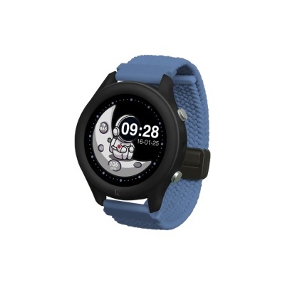 Relógio inteligente com bracelete azul e mostrador digital com astronauta