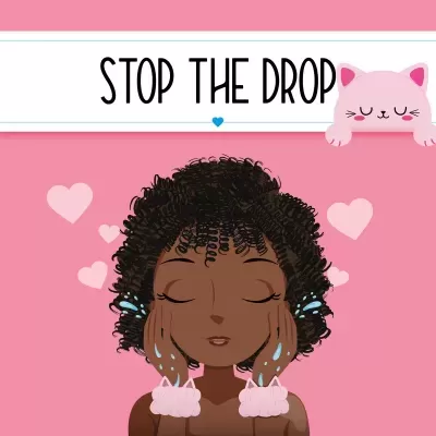 Ilustração de pessoa com cabelo encaracolado sobre fundo rosa, texto STOP THE DROP e gato cor de rosa