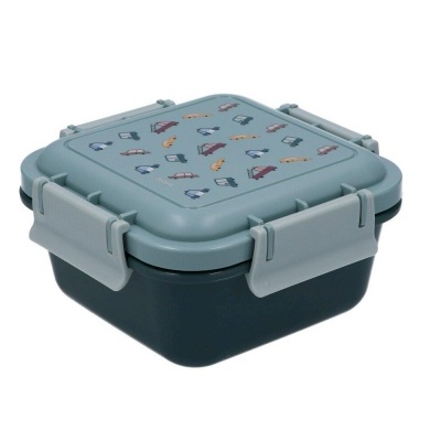 Caixa de plástico para alimentos com tampa azul-claro e base preta com desenhos coloridos