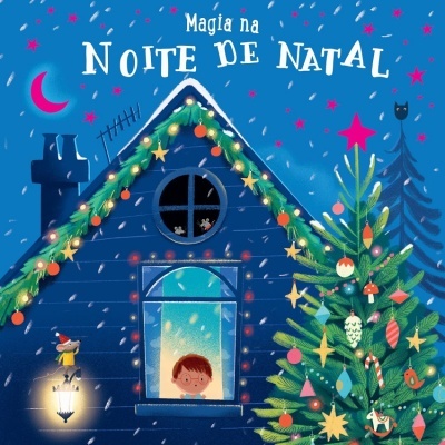 Ilustração de casa azul decorada para Natal com texto 'Magia na NOITE DE NATAL'