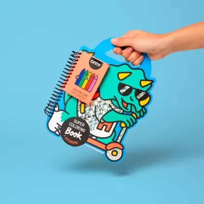 Livro de colorir em formato de dinossauro verde com óculos escuros e detalhes holográficos