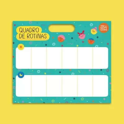 Quadro de rotinas colorido com carinhas sorridentes e espaços para manhã e noite.