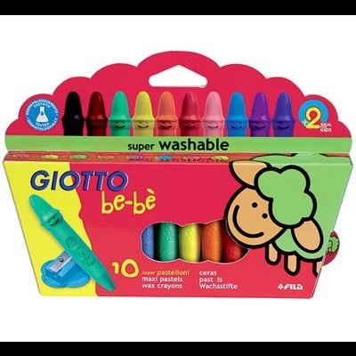 Caixa de 10 giz de cera coloridos Giotto be-bè com desenho de ovelha e texto 'super washable'.