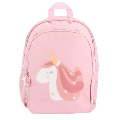 Mochila cor-de-rosa com desenho de unicórnio e padrão de estrelinhas