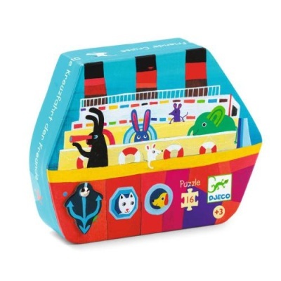 Caixa em forma de barco para puzzle infantil colorido com 16 peças e tema de animais.