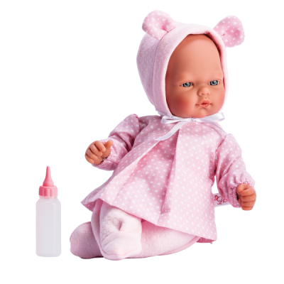 Boneca bebé com roupa rosa com pontos brancos e biberão branco com tampa rosa