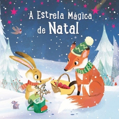 Capa de livro infantil com coelho e raposa na neve e texto em destaque