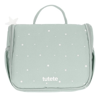 Bolsa organizadora verde-água com estrelas brancas e logo tutete