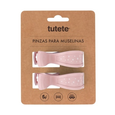 Pinças para muselinas rosa claro da marca Tutete em cartão castanho.