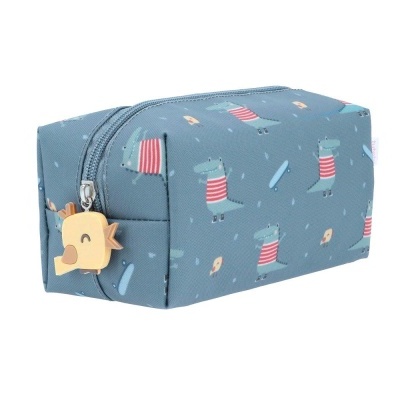 Estojo azul com padrão de hipopótamos às riscas e puxador amarelo