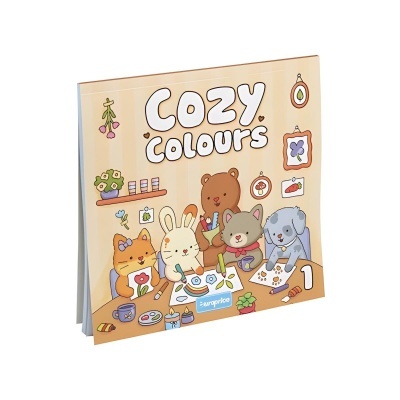 Livro infantil Cozy Colours com animais desenhando.