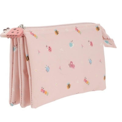 necessaire rosa com padrão de abelhas e joaninhas e fecho de correr com puxador em forma de joaninha