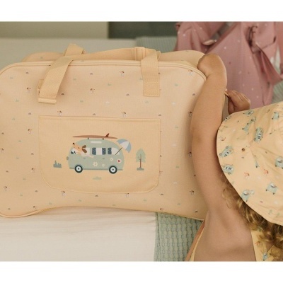 Mala de viagem salmão com padrão e estampa de autocarro azul