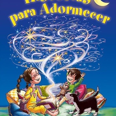 Capa de livro com crianças a ler, estrelas e lua amarillas, fundo azul