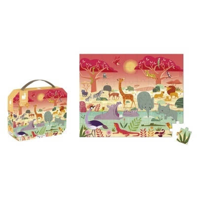 Quebra-cabeças infantil de safári com animais e paisagem ao pôr do sol