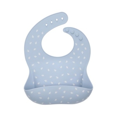 Babete infantil em silicone azul com padrão de folhas