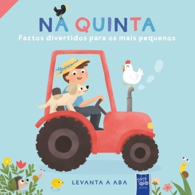 Ilustração de menino com cão num trator vermelho e animais em fundo azul com texto em português.